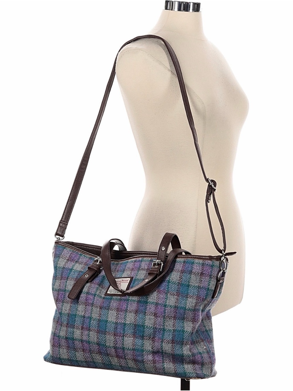 The Glen Appin Harris Tweed Classic Spey Tote Purple Teal Wool Bag GUC - Picture 2 of 14